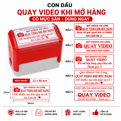 Con Dấu QUAY VIDEO KHI MỞ HÀNG T414 22x58mm – Dấu Nhắc Khách Quay Video Mở Hàng – Có Sẵn Mực – Theo Yêu Cầu
