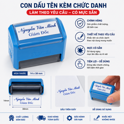 Con Dấu Tên Kèm Chức Danh T214 14x38mm – Dấu 2 Dòng Theo Yêu Cầu – Có Sẵn Mực – Nhỏ Gọn Tiện Lợi